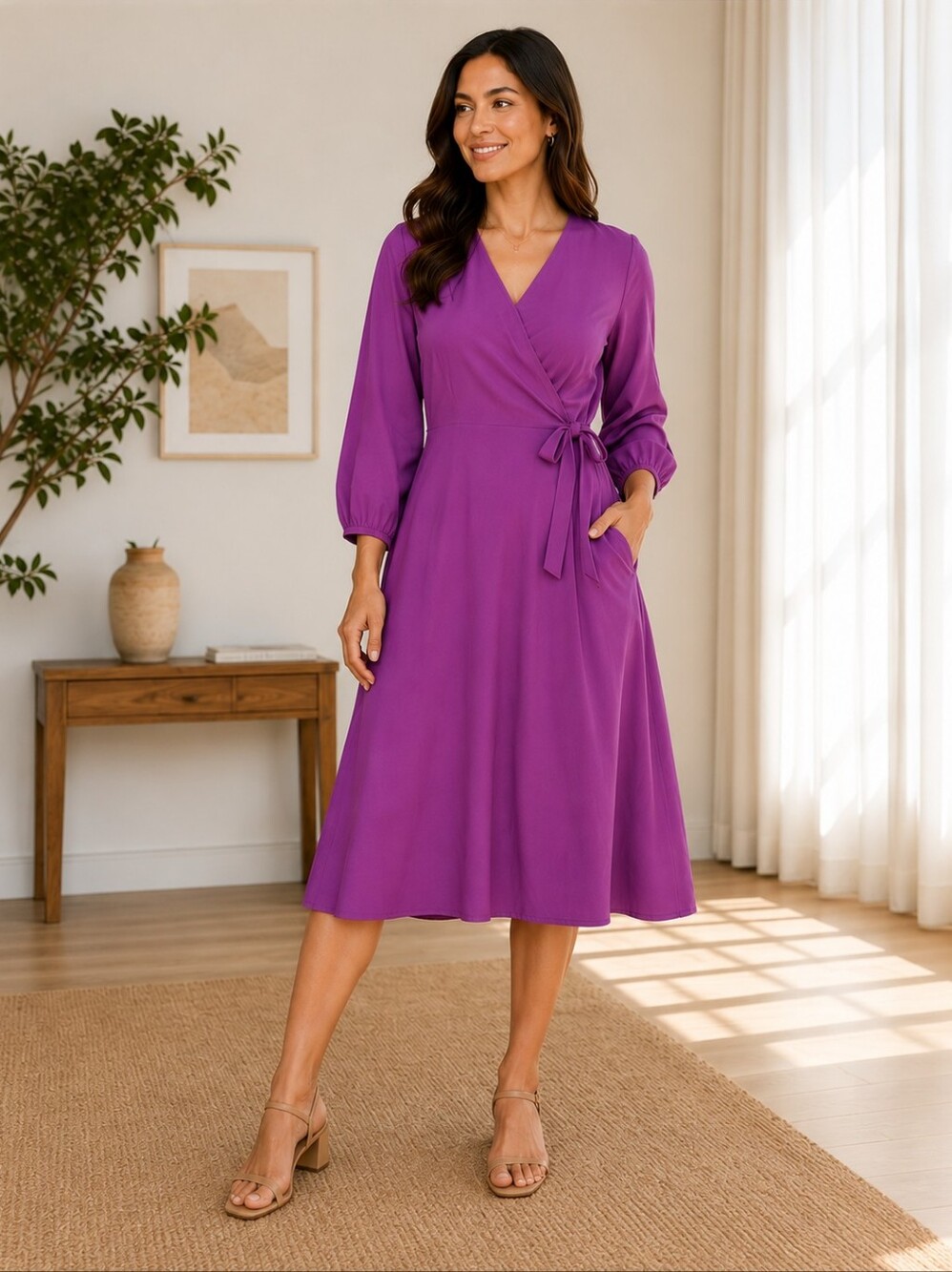 Pure Jill Purple Wrap Midi Dress Large Ecovero Viscose Tie Waist